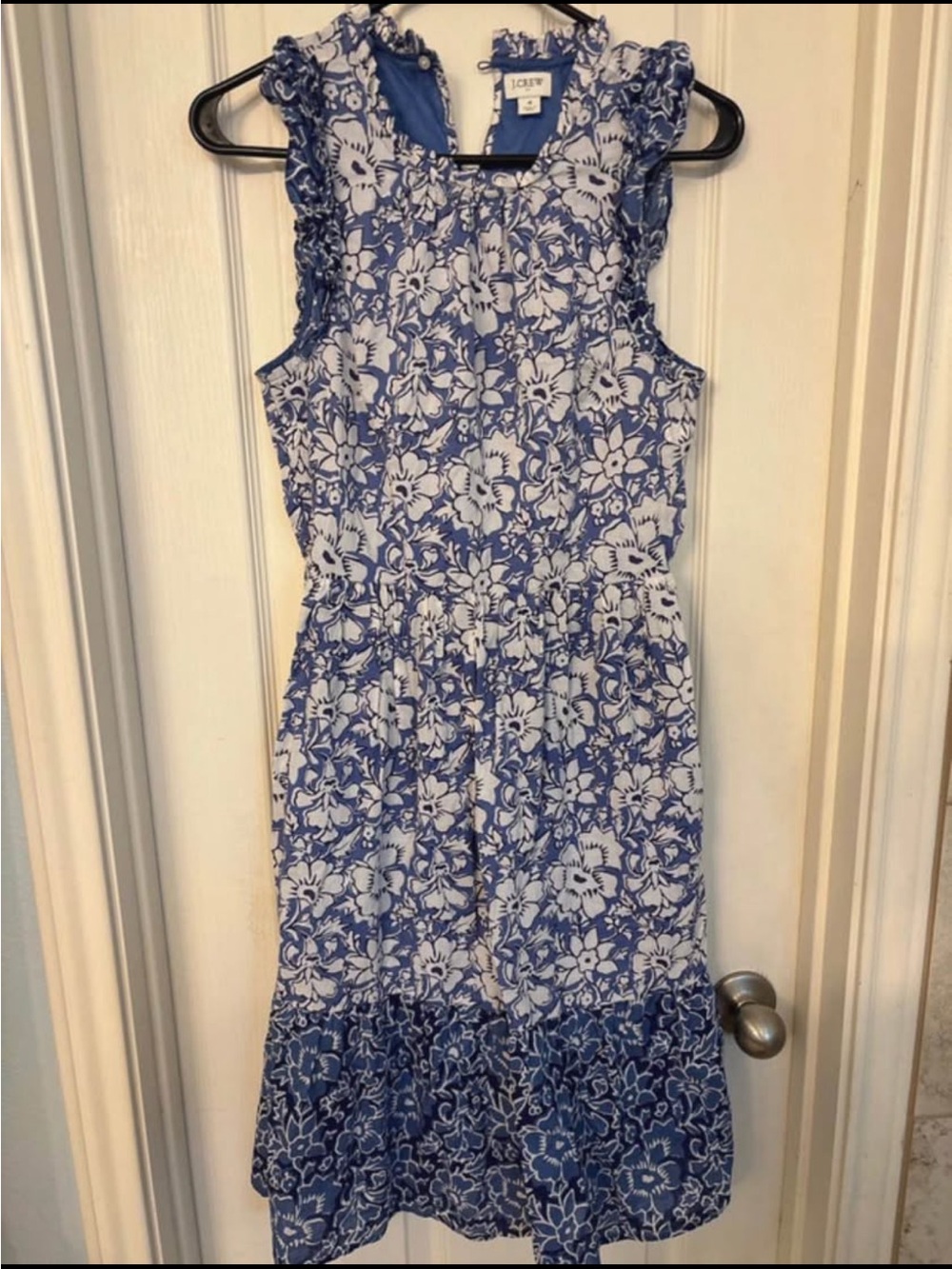 Cottagecore Cotton J. Crew Blue and White Floral Ruffle Midi Dress